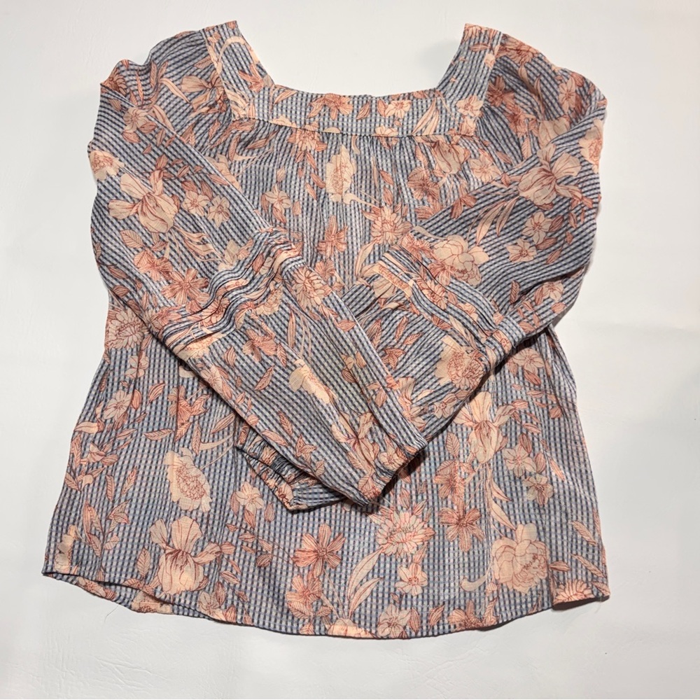 LC Lauren Conrad Blouse Womens M Blue Peach Floral Gingham Peasant‎ Cottagecore